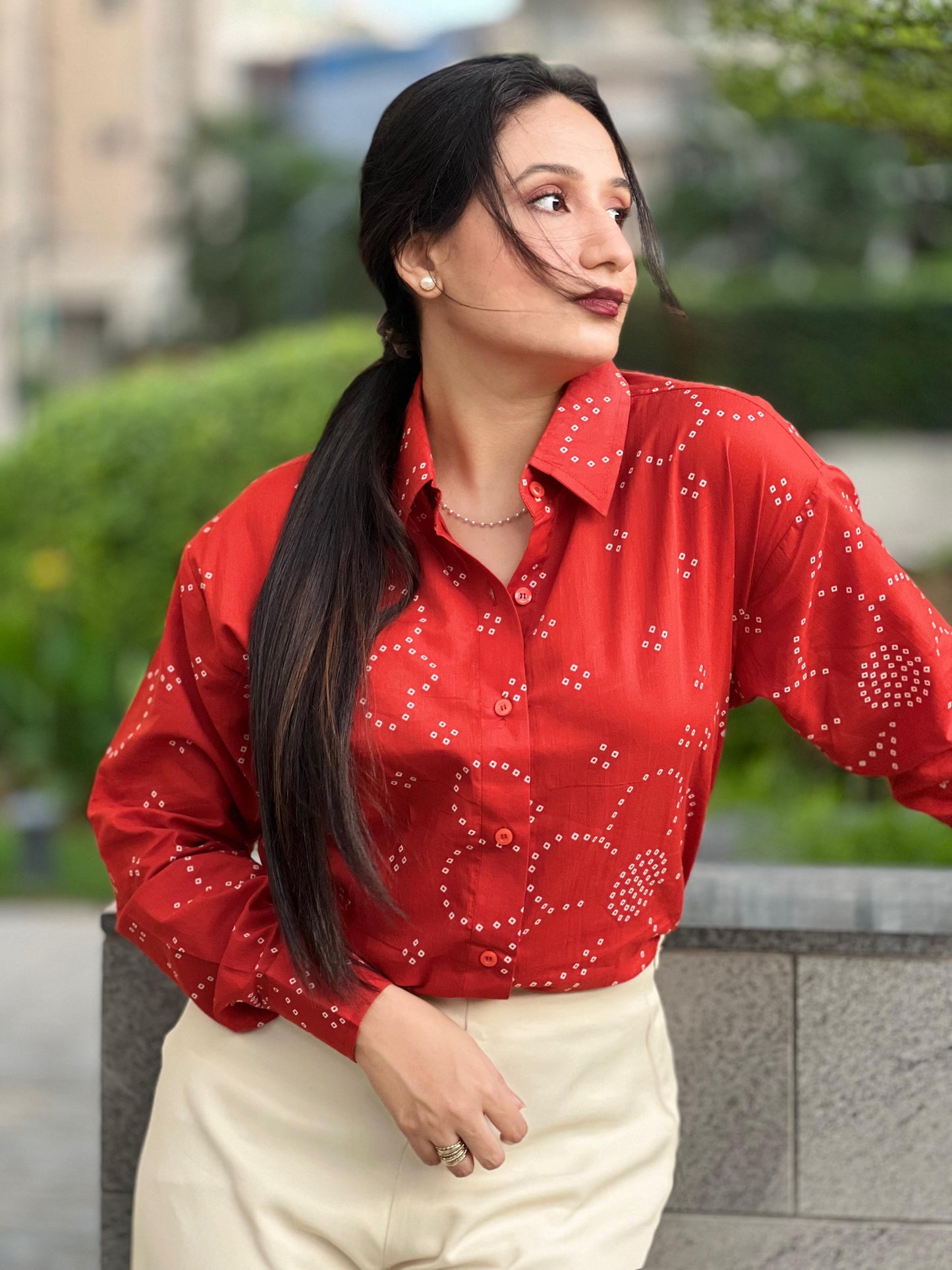 Rust Orange Bandhani Shirt- 100% Cotton Shirt I Nehfi