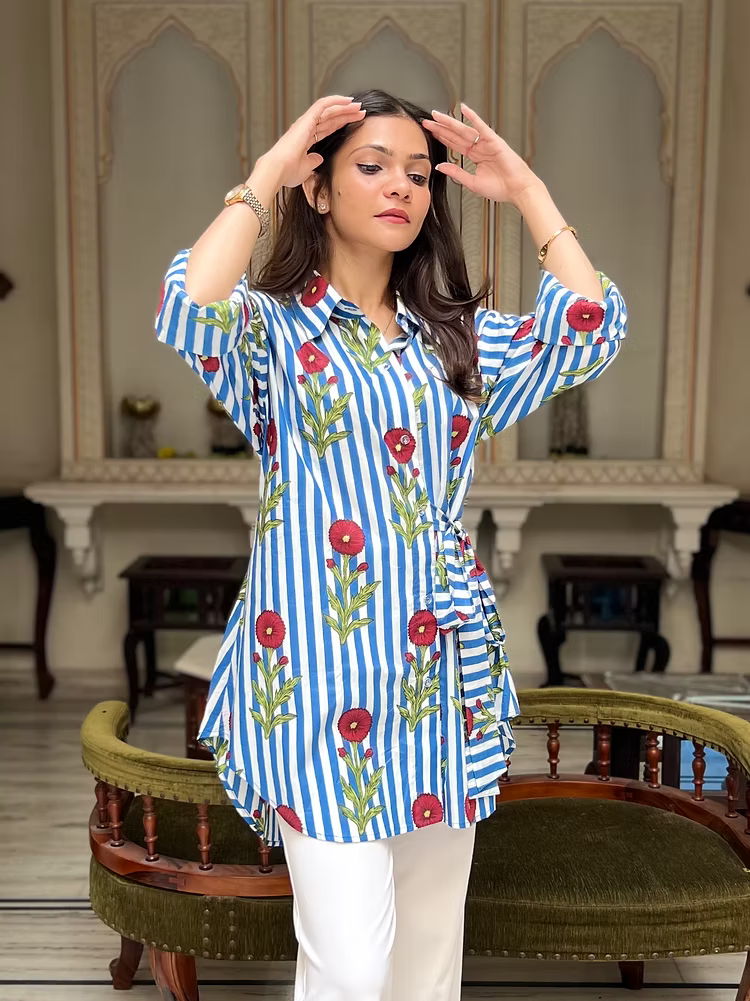 Botanical Blue Stripes Side Tie-up Shirt