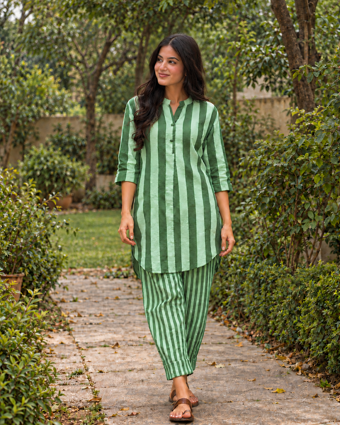 A woman wearing a green and white vertically striped kurta and matching pants walks along a stone garden path surrounded by lush greenery.