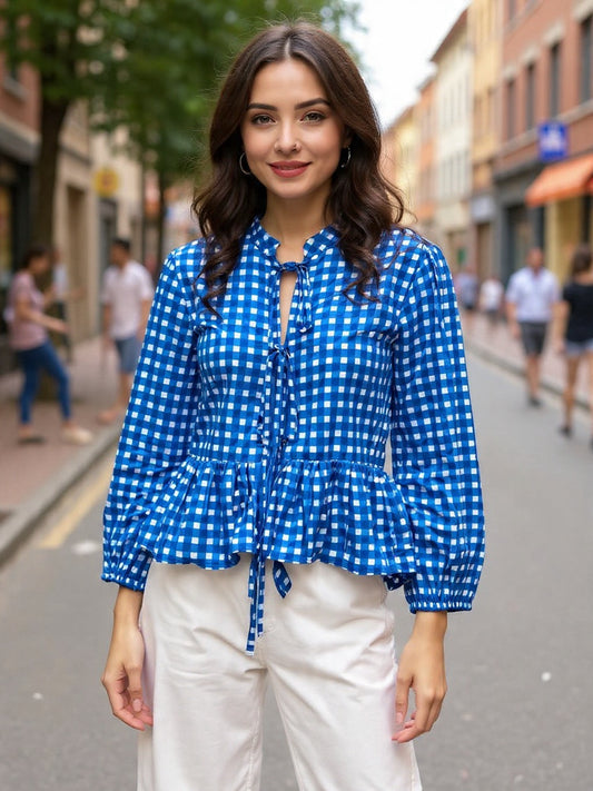 Blue Sapphire Checks Front Tie-up Top