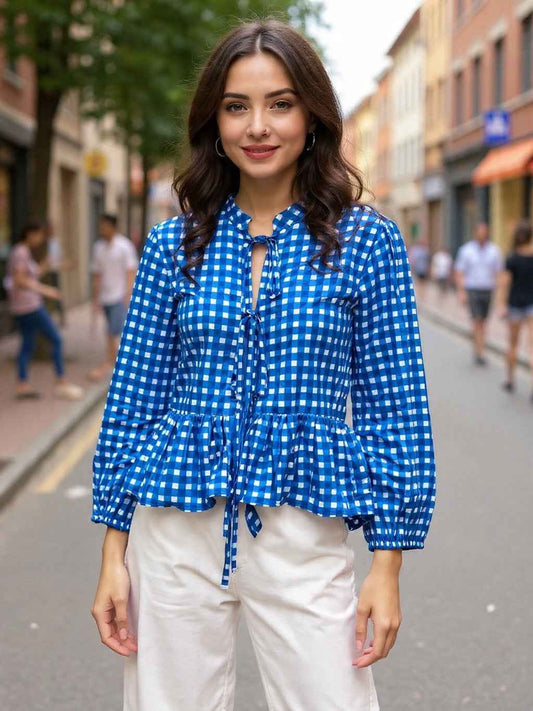 Blue Sapphire Checks Front Tie-up Top