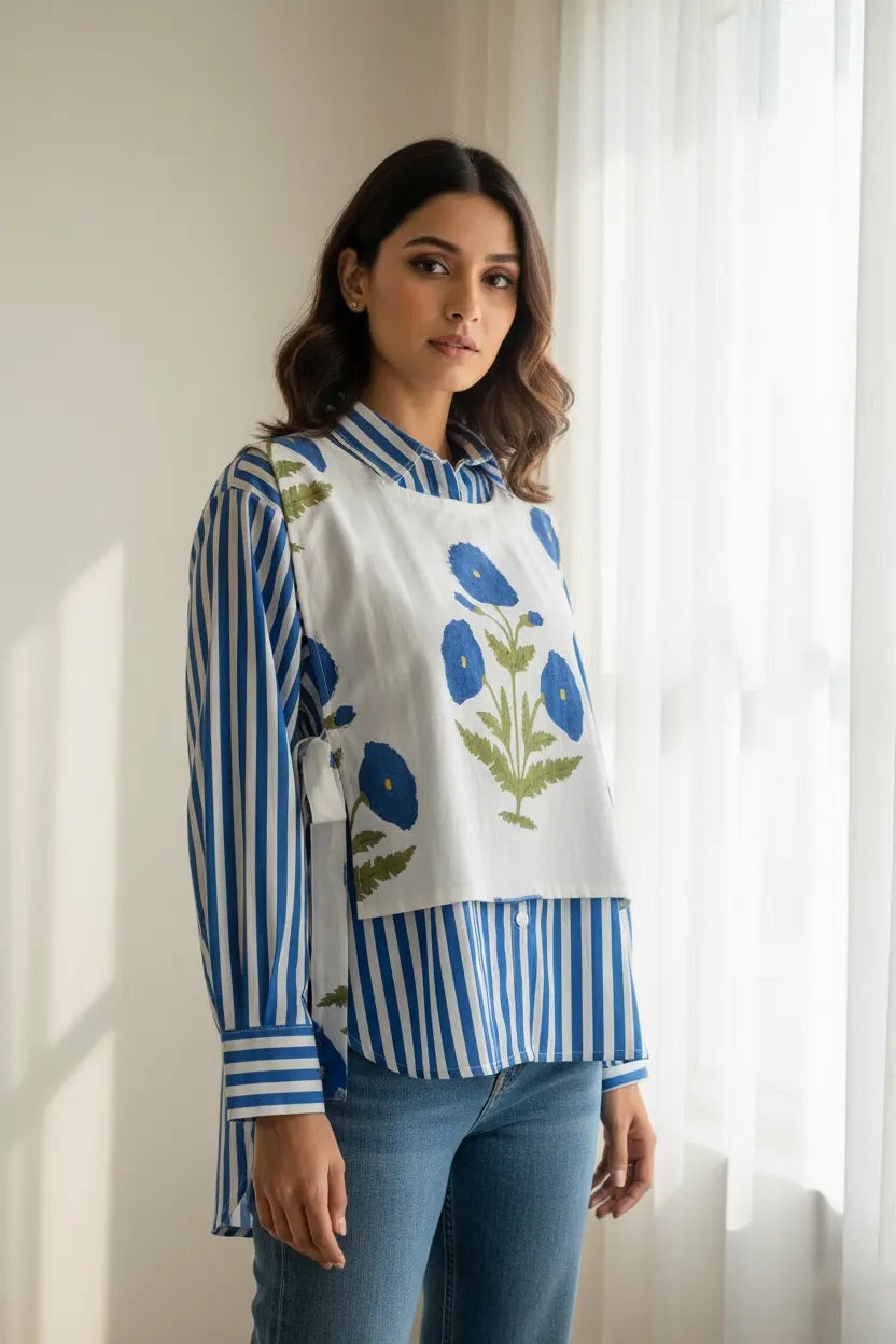 Woman wearing a blue and white striped shirt with floral design indoors.