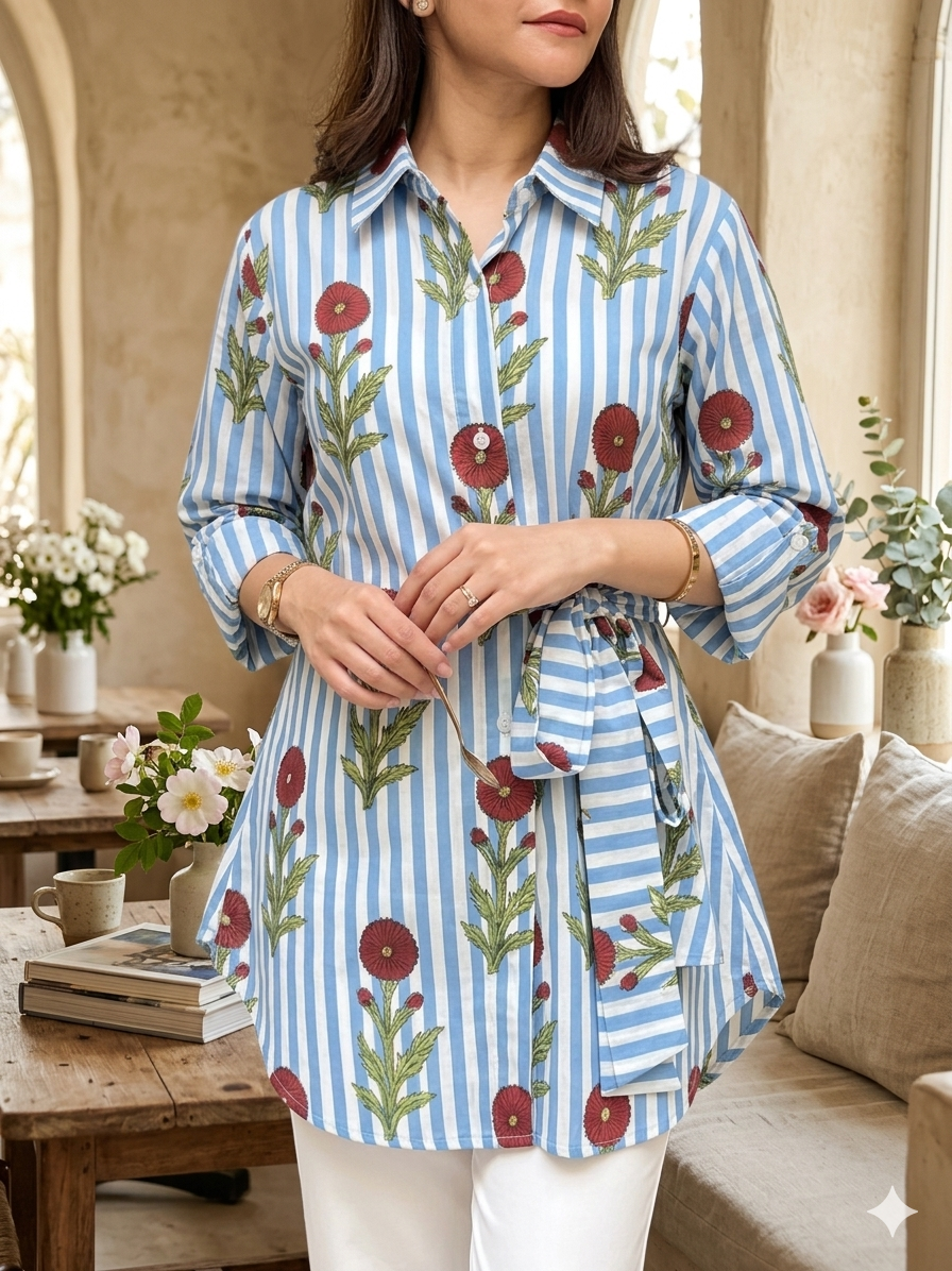 Woman wearing a blue and white striped shirt with floral patterns in a cozy living room.
