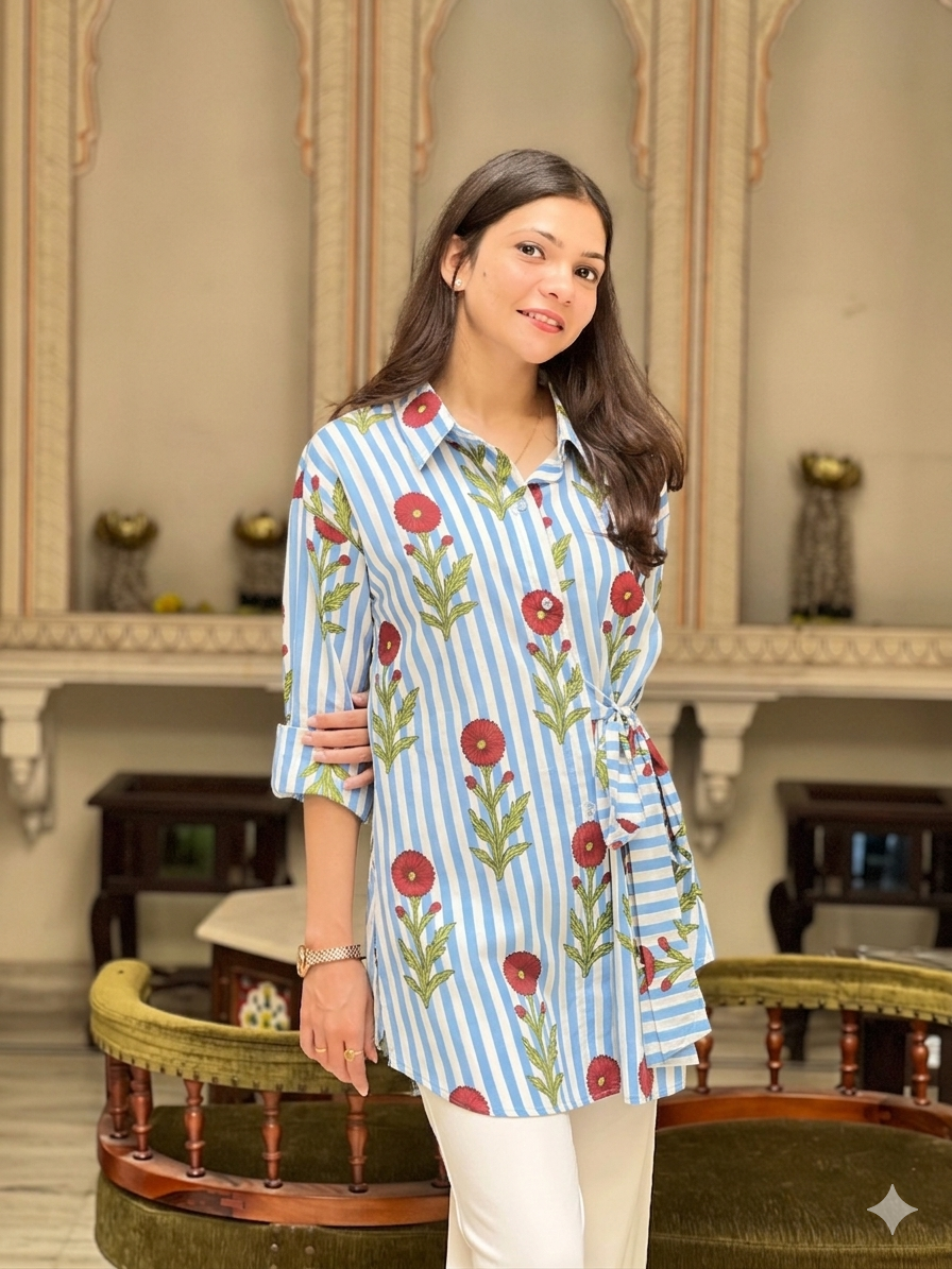 Woman wearing a floral and striped shirt in an elegant room.