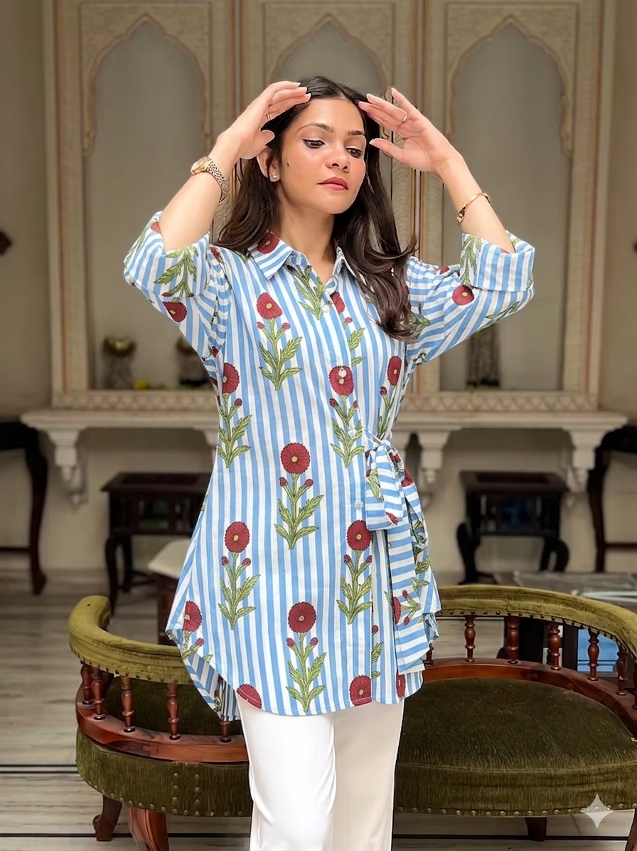Woman wearing a blue and white striped shirt with floral patterns in an indoor setting.
