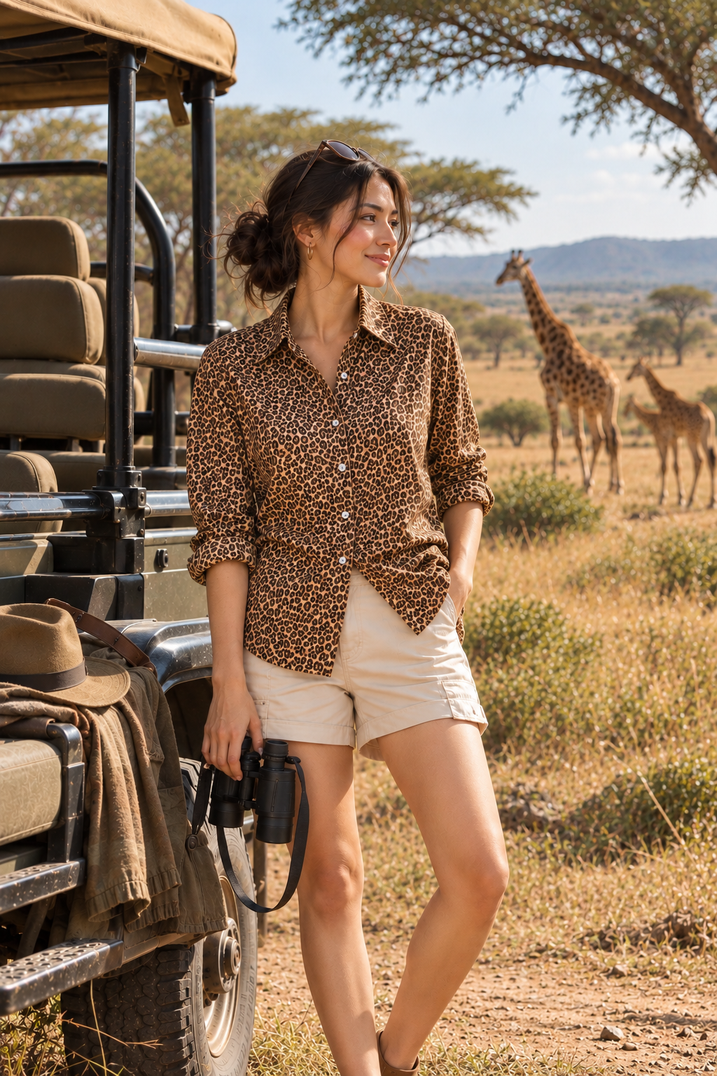A woman posing in a safari park next to a safari jeep, wearing a brown and black leopard print button-down shirt and beige shorts, with giraffes in the background.