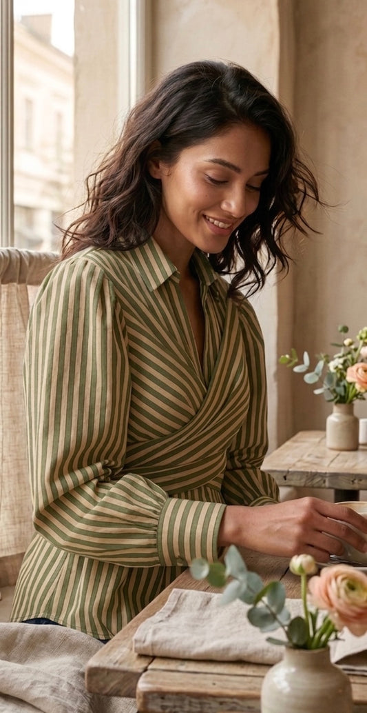 Woman in a striped shirt sitting at a table with flowers and a newspaper.
