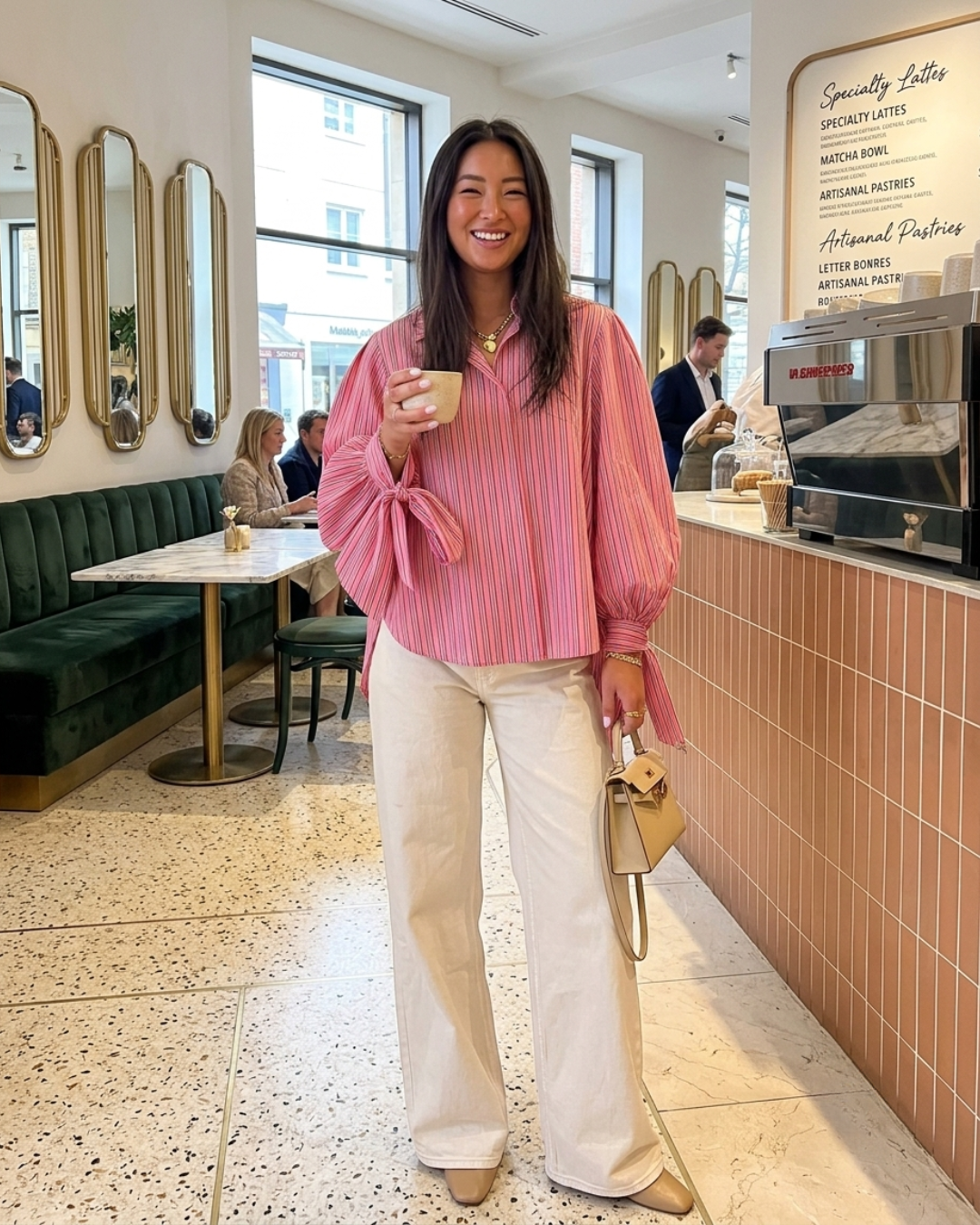 A woman stands in a cafe wearing a pink vertically striped long-sleeve blouse with dramatic puff sleeves and cream wide-leg trousers, holding a small beige handbag.