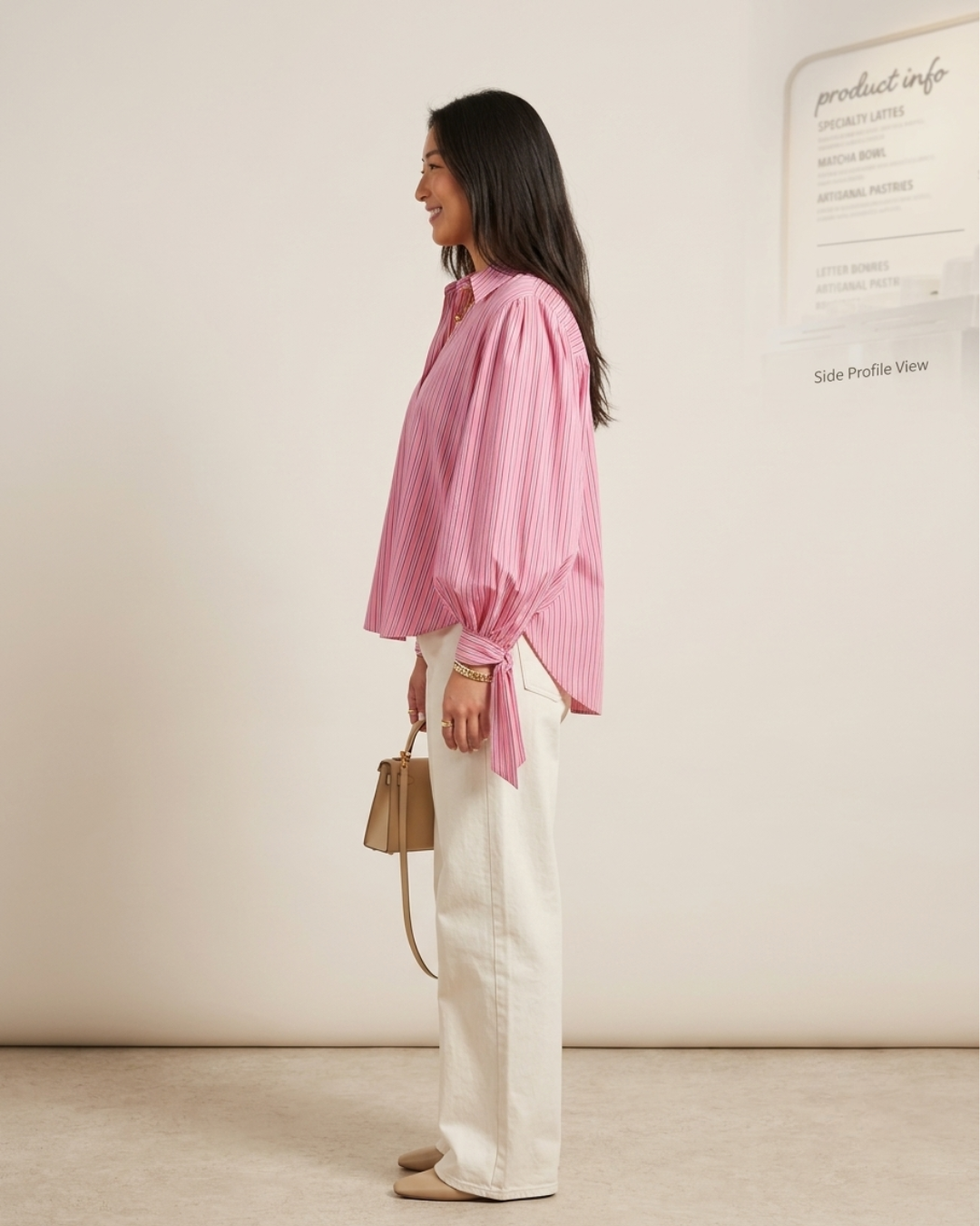 A woman stands in profile wearing a pink and white vertically striped long-sleeve blouse with voluminous balloon sleeves and a side tie detail, paired with off-white wide-leg trousers and a small tan handbag, against a warm beige studio wall.