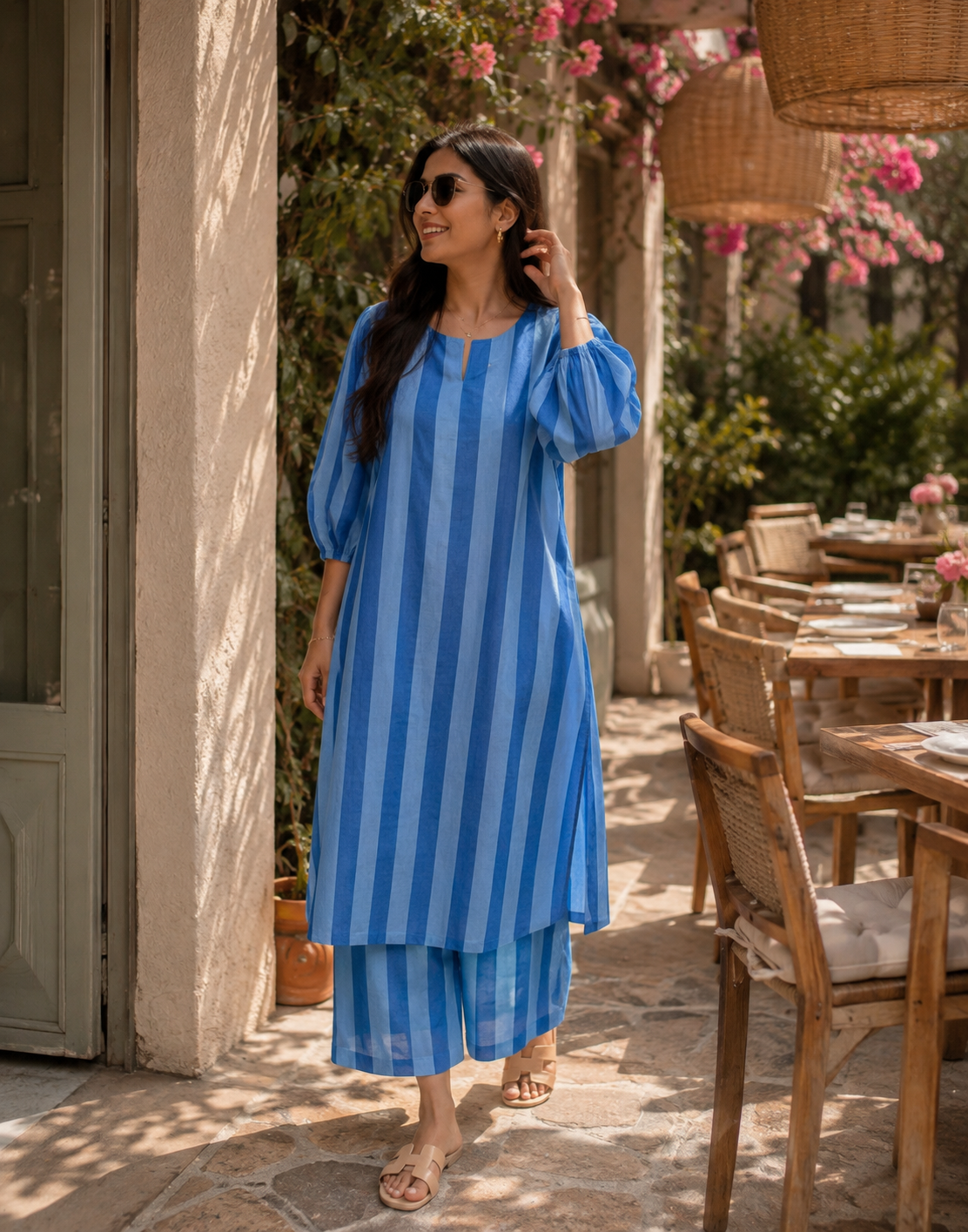 A woman wearing a blue and light blue vertically striped kurta and matching pants walks outdoors on a stone patio next to a rustic cafe with wooden tables and chairs.
