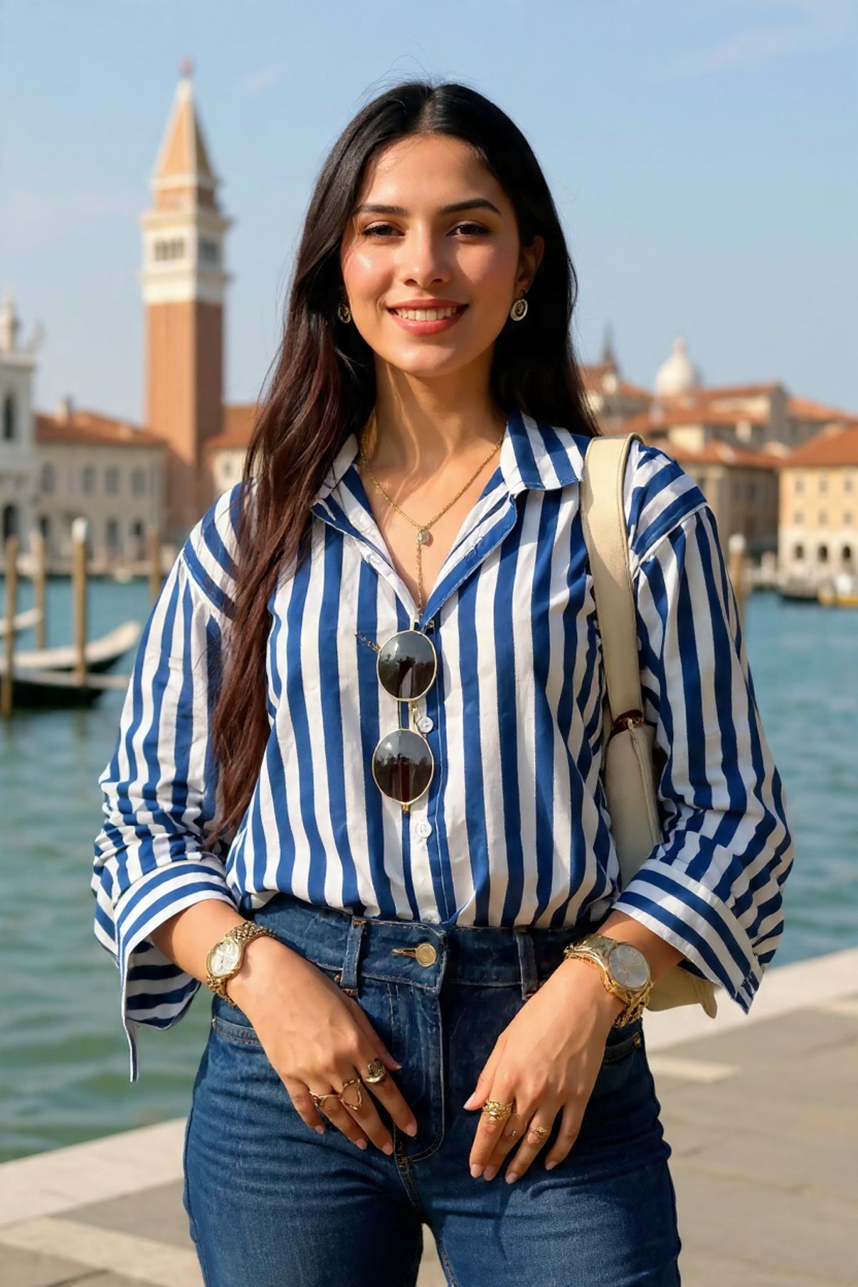 Woman in a blue and white striped shirt with a scenic background