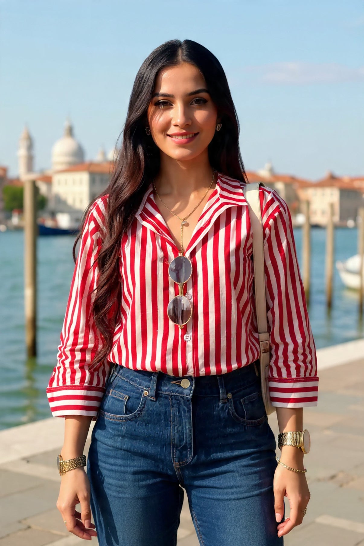 Woman in a red and white striped shirt and blue jeans standing by a waterfront with a scenic background.