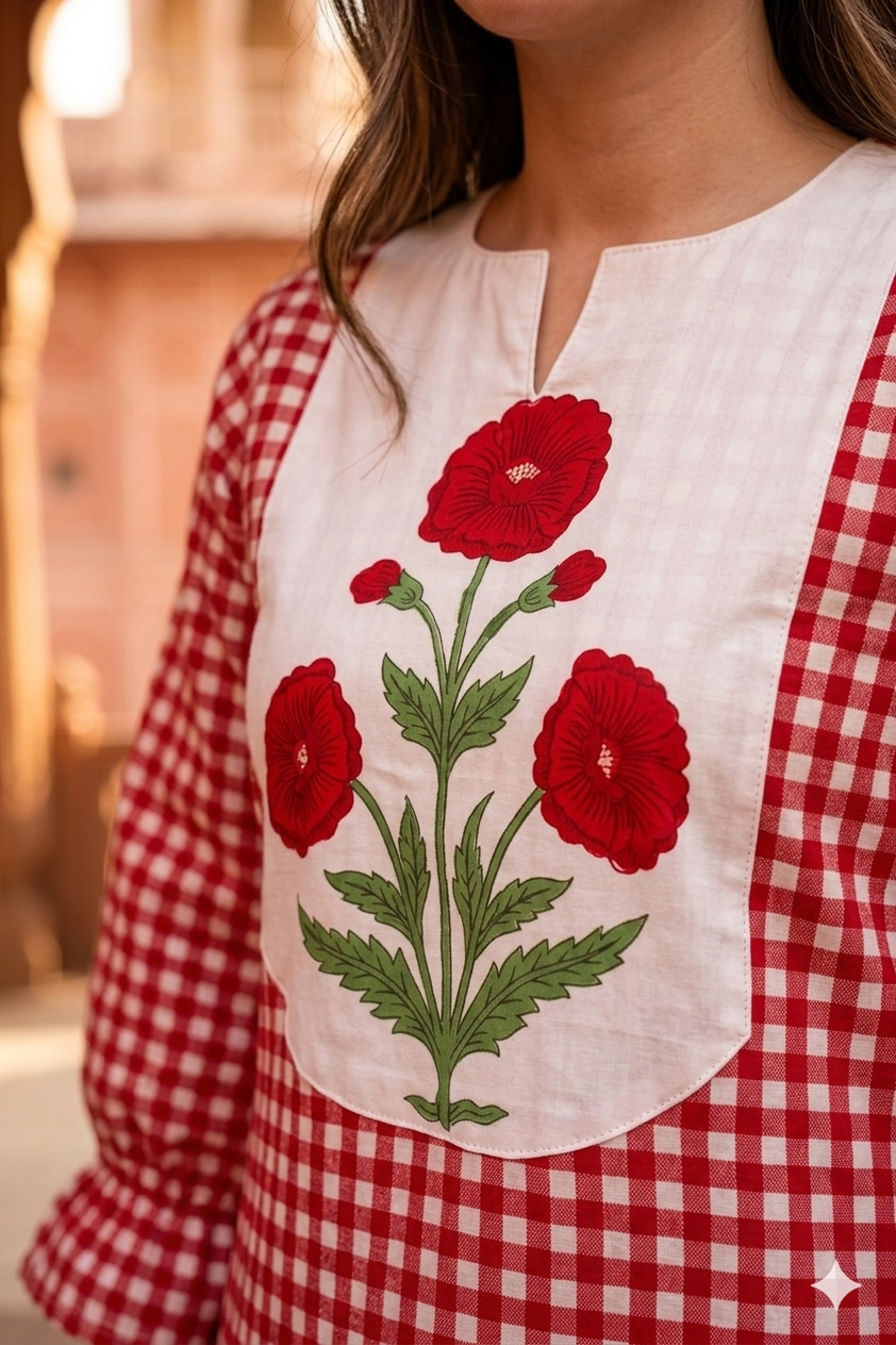 Red and white checkered shirt with floral embroidery on a blurred background
