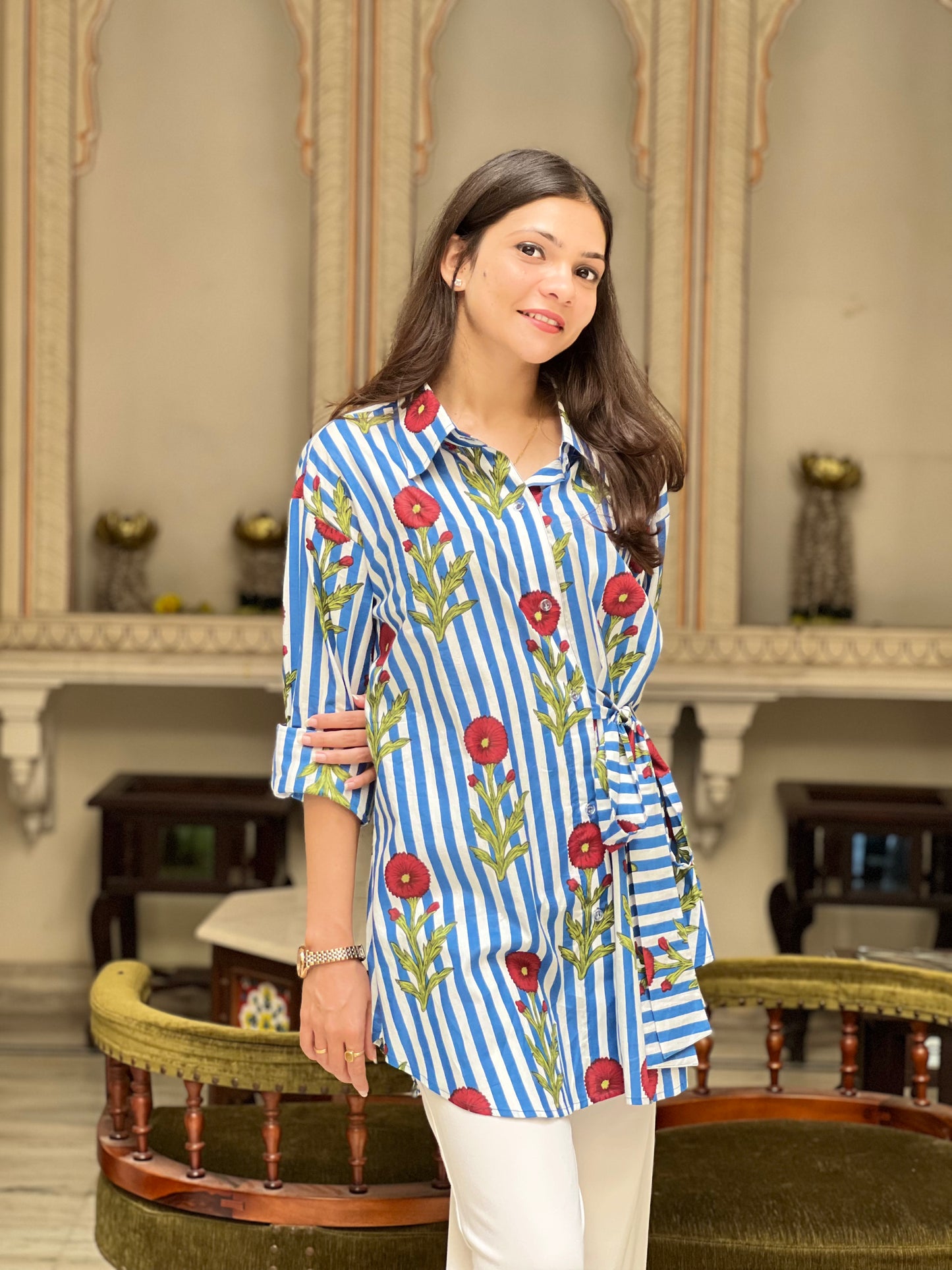 Botanical Blue Stripes Side Tie-up Shirt