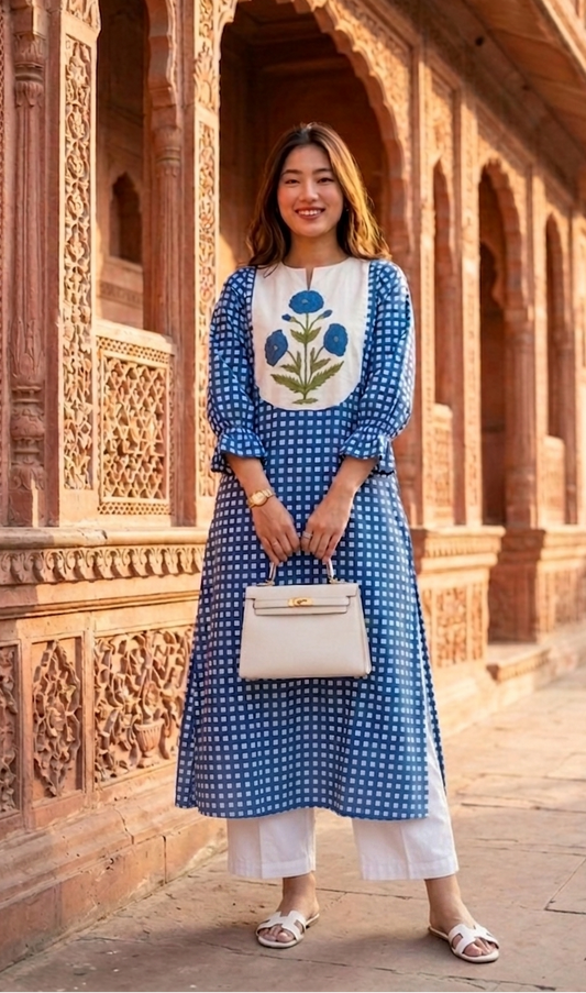 Woman in a blue and white dress standing in front of architectural ruins.