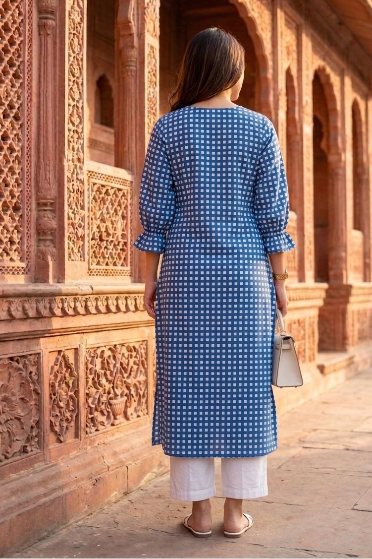 Woman in a blue patterned dress standing in front of an architectural structure with intricate carvings.