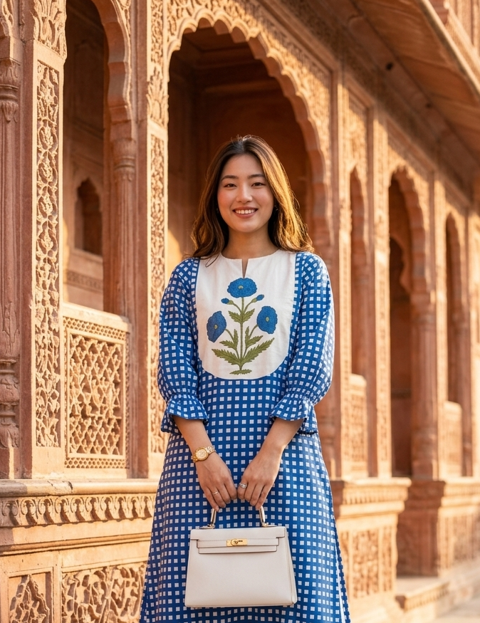 Woman in a blue dress with floral patterns standing in front of architectural arches.
