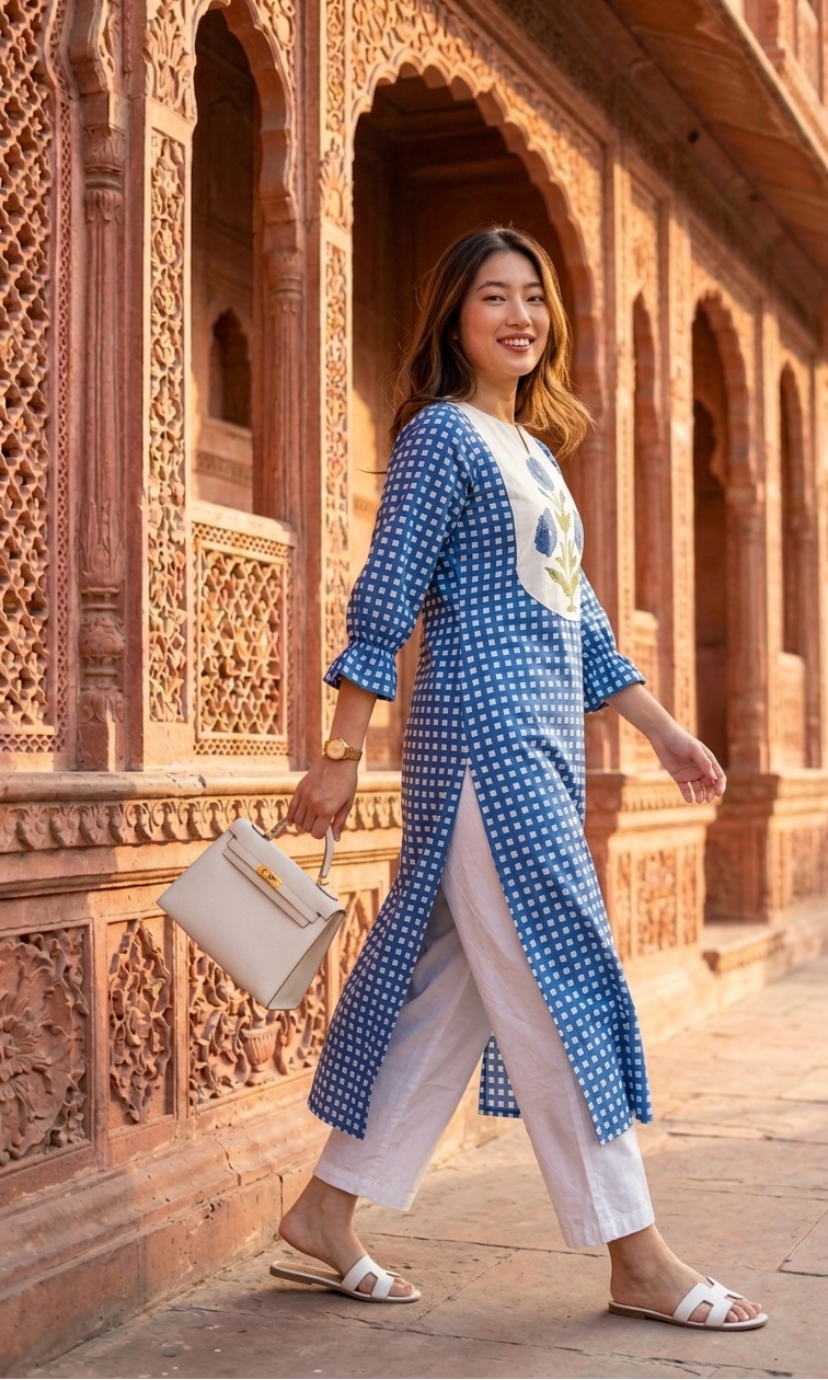 Woman in a blue and white outfit standing in front of an architectural building.