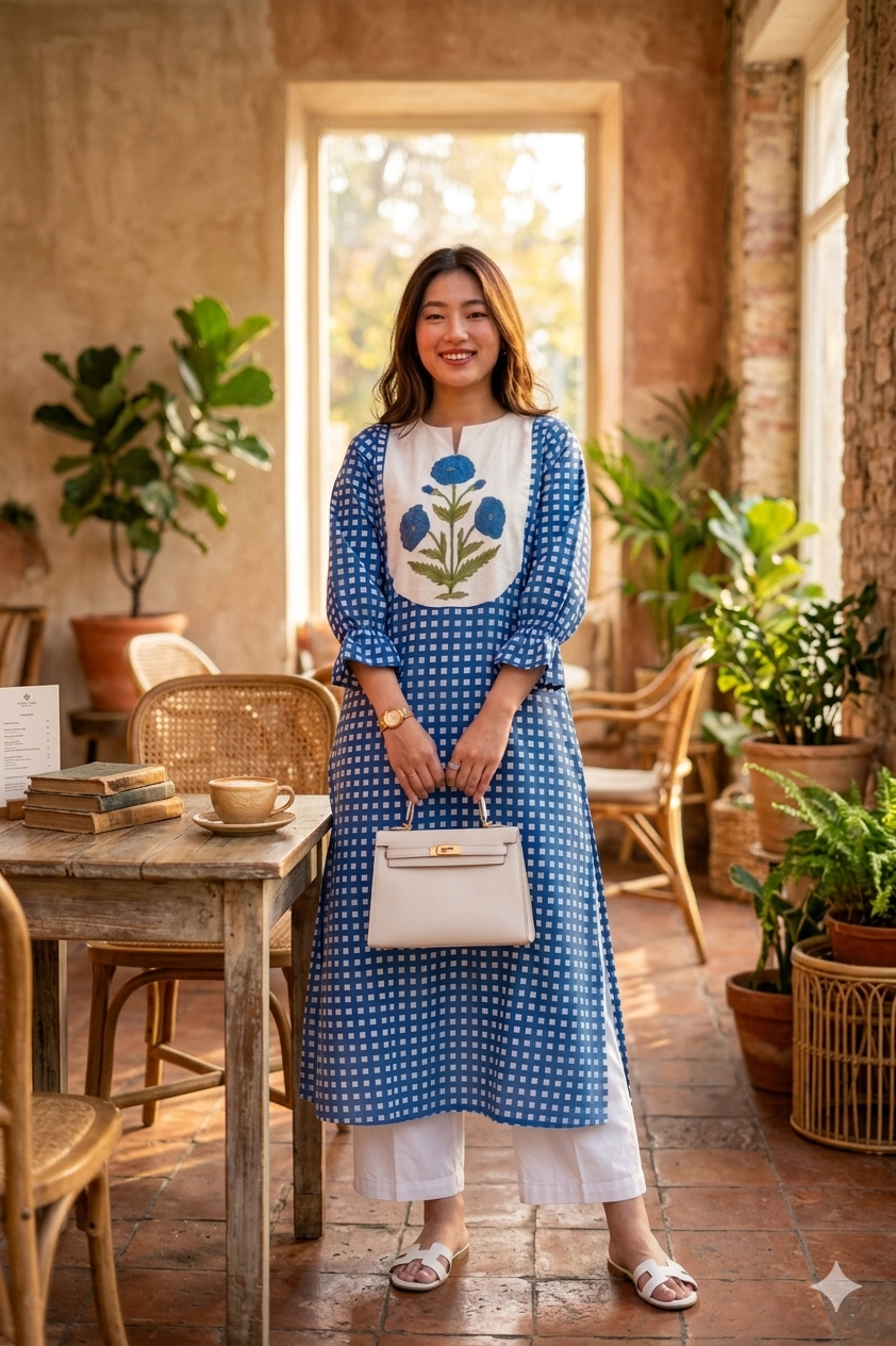 Woman in a blue dress with floral design standing in a sunlit room with plants and furniture.