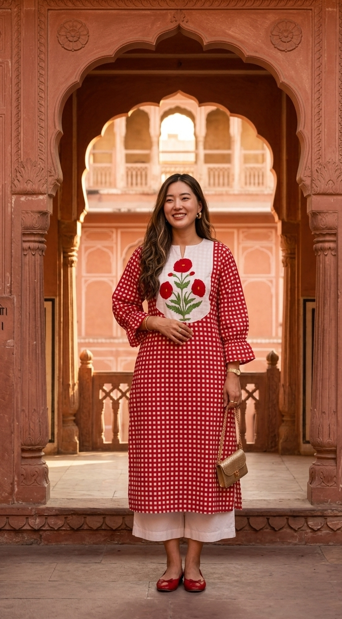 Woman in a red and white traditional outfit standing in front of an architectural archway.