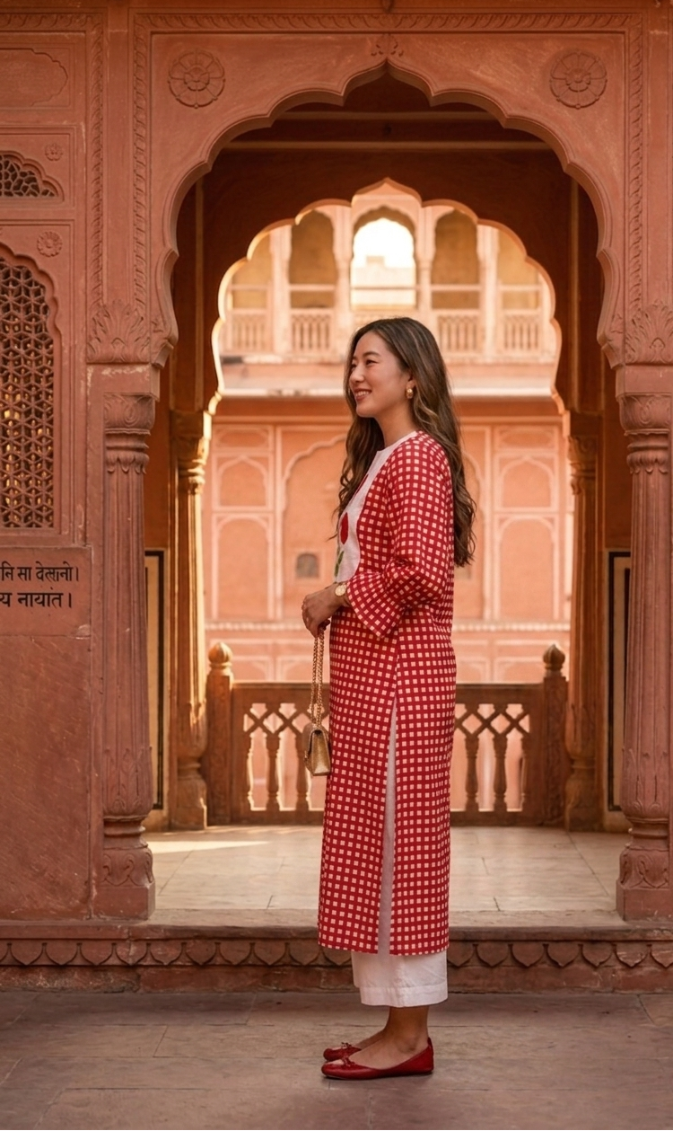Woman in a red and white outfit standing in front of a pink architectural structure in Jaipur.