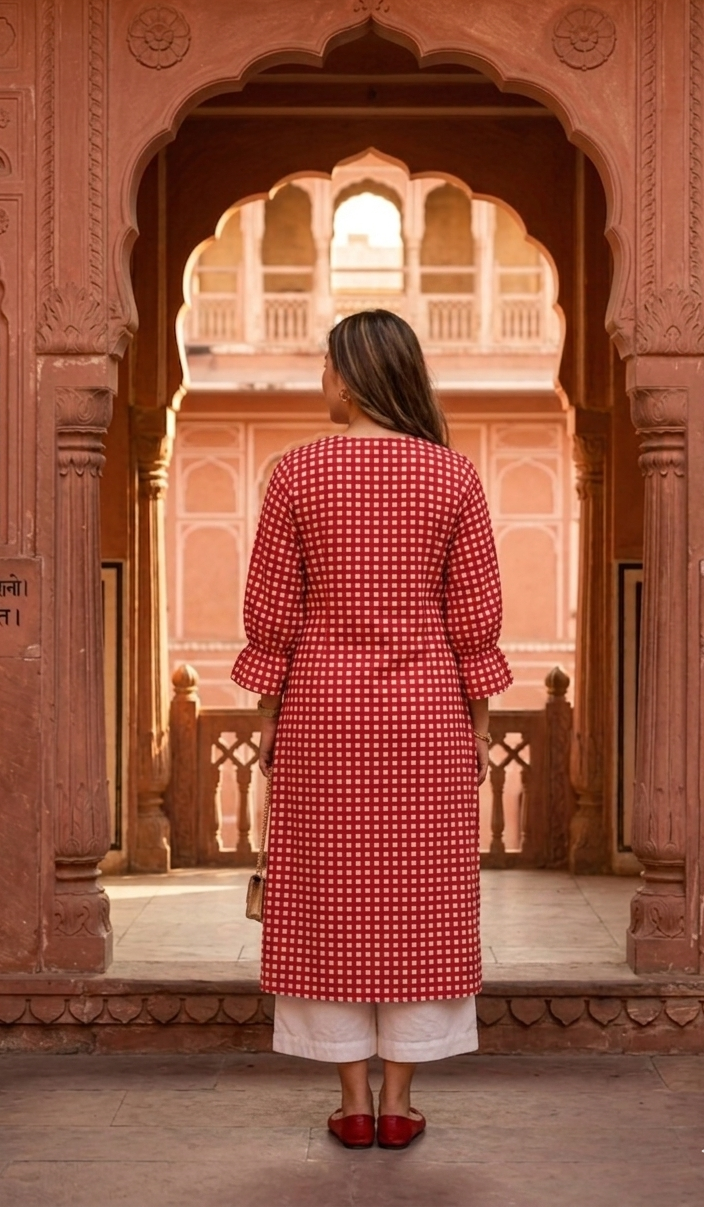 Woman in a red and white patterned dress standing in front of an ornate archway.