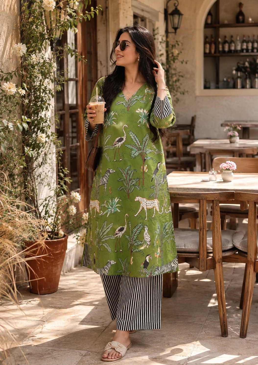 A woman stands in a cafe patio setting wearing a green printed kurta with animal motifs, striped pants, and sunglasses, holding an iced coffee.