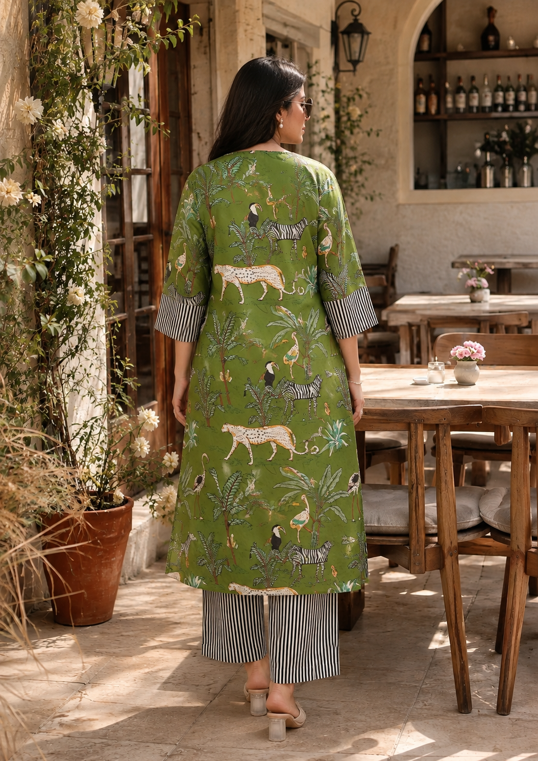 A woman viewed from behind wearing a green printed kurta with animal motifs and striped sleeve cuffs, paired with striped pants, in an outdoor patio setting.