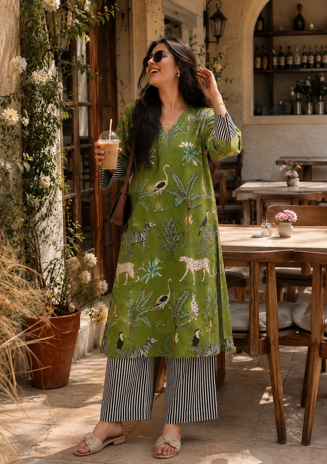 A woman stands in a sunlit outdoor cafe setting wearing a green printed tunic with tropical and animal motifs, paired with wide-leg striped pants. She holds an iced coffee and wears sunglasses.