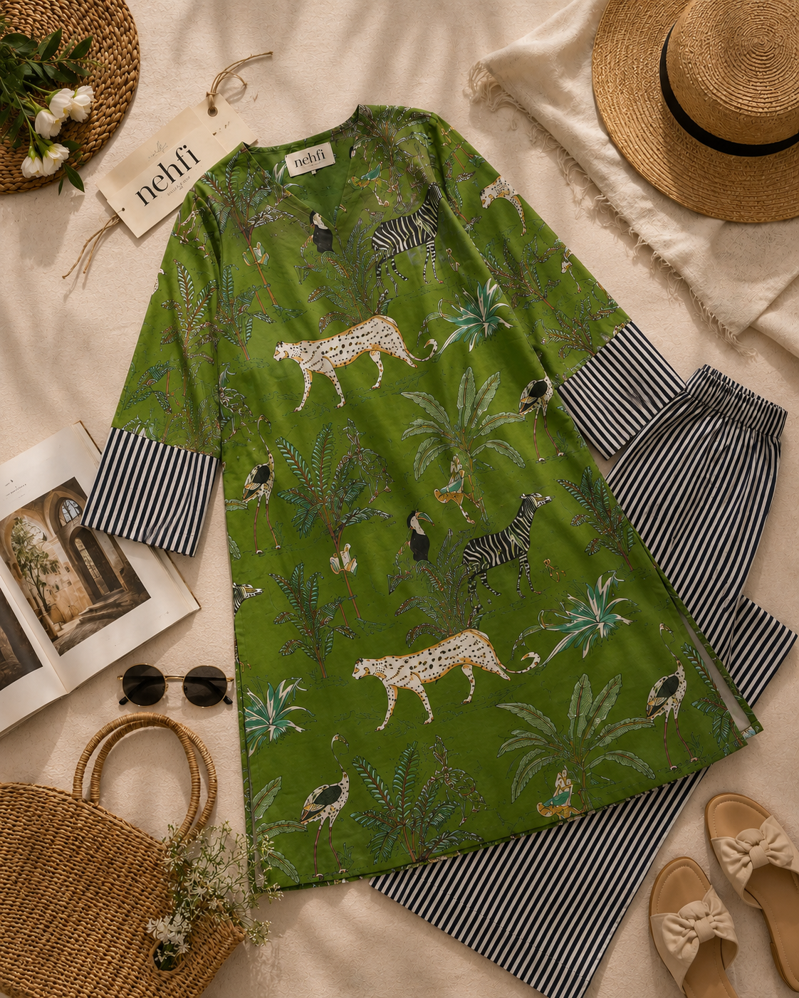 A styled flat-lay of a women's tunic dress with a green jungle safari print, paired with navy and white striped pants, sunglasses, a straw hat, and a woven bag on a beige fabric background.