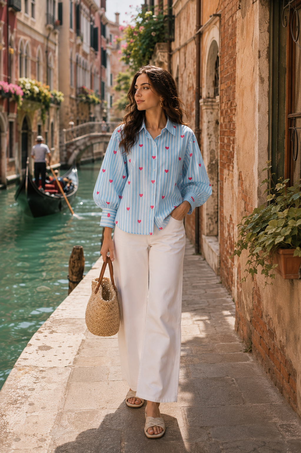 A woman stands on a sunlit canal-side walkway in Venice, wearing a light blue and white striped button-up shirt with pink embroidered motifs, white wide-leg pants, and carrying a woven straw tote bag.