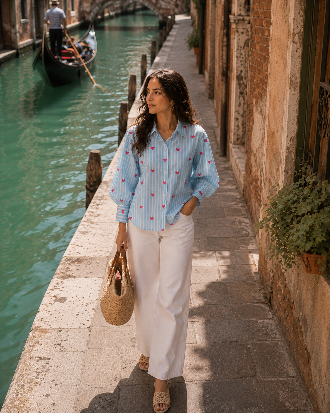 A woman walks along a stone canal-side path in Venice, wearing a light blue and white striped button-up shirt with red embroidered motifs, white wide-leg pants, and carrying a woven straw tote bag.