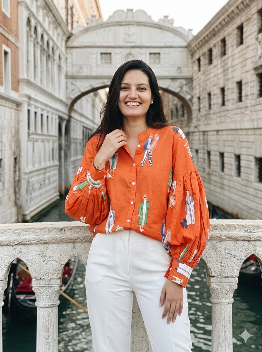 Woman in an orange blouse with a floral pattern standing in front of a canal with gondolas and stone buildings.