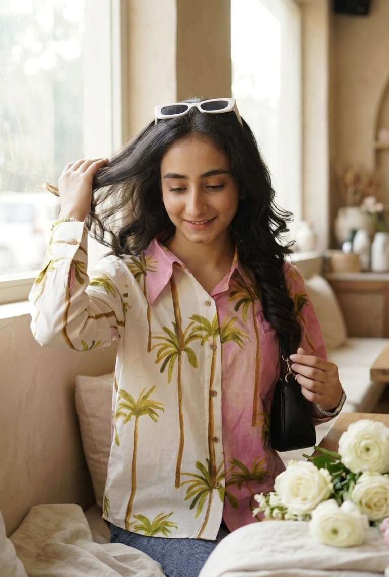 Woman in a tropical shirt sitting in a cozy room with flowers and a couch.