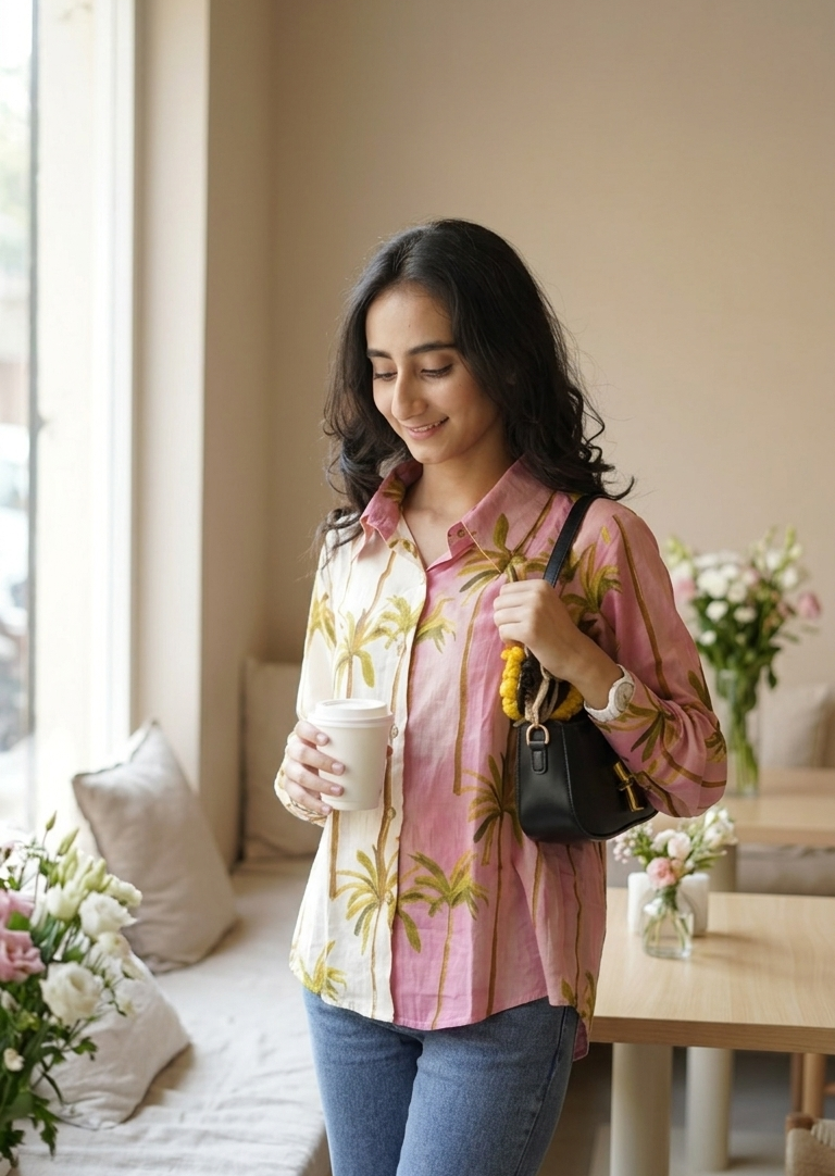 Woman in a pink floral shirt holding a coffee cup in a cozy cafe.