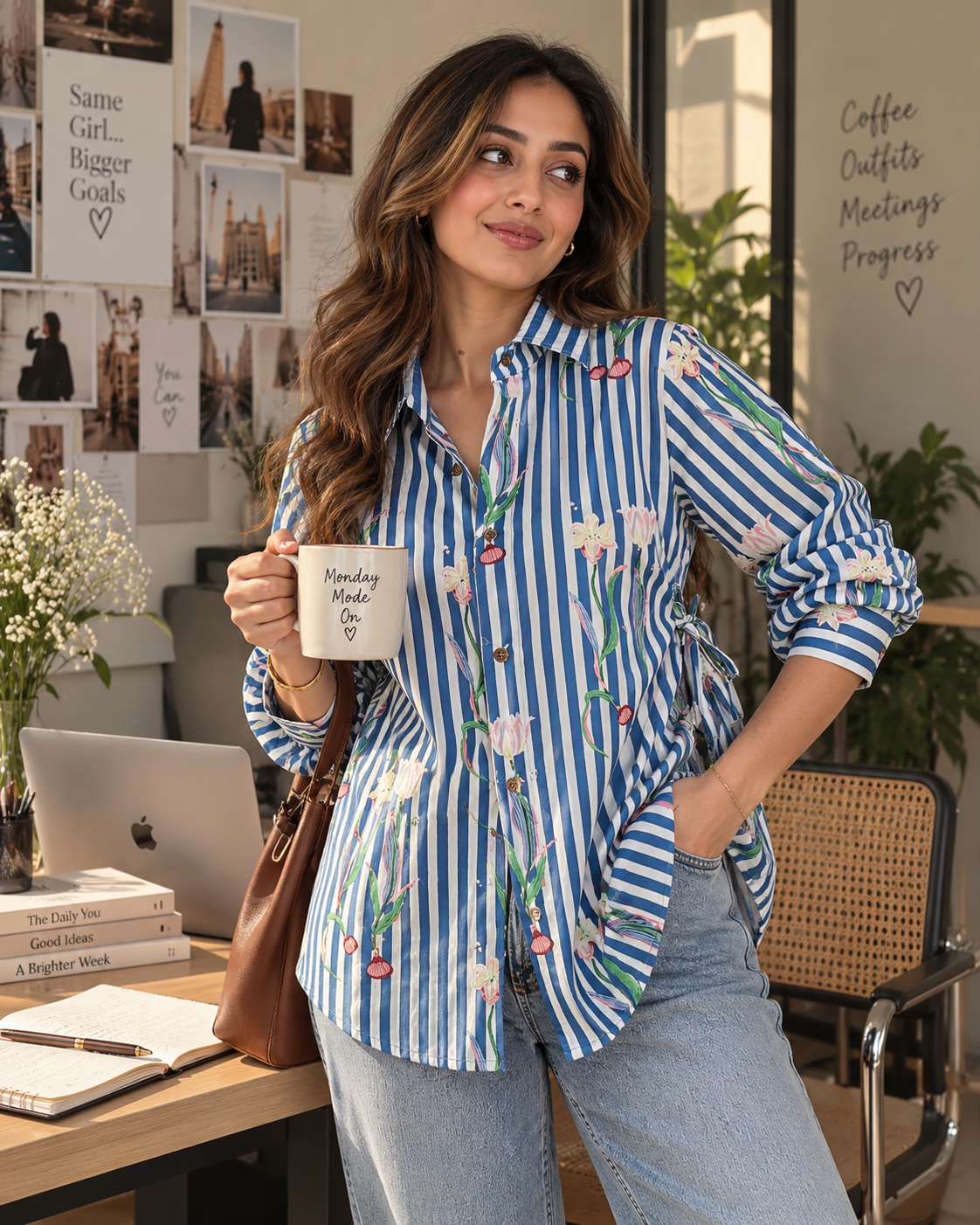 A woman stands in a bright office setting wearing a blue and white vertically striped button-up shirt with a floral print and a tie waist, paired with light-wash jeans. She is holding a white coffee mug and has a brown shoulder bag.