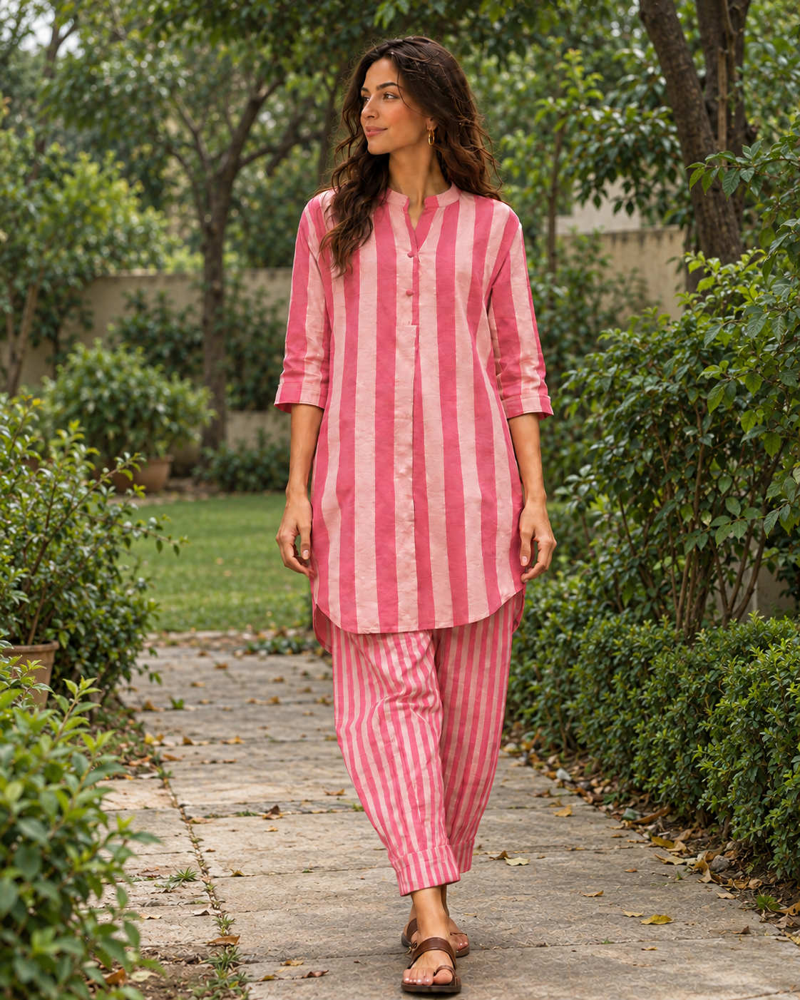 A woman wearing a pink and white striped kurta and matching striped pants walks along a stone path surrounded by green garden plants.