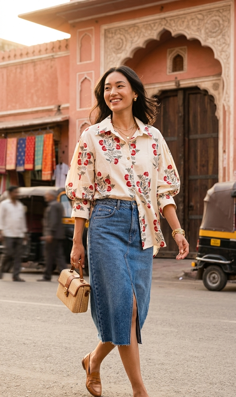 Woman in a floral blouse and denim skirt walking on a street with architectural background
