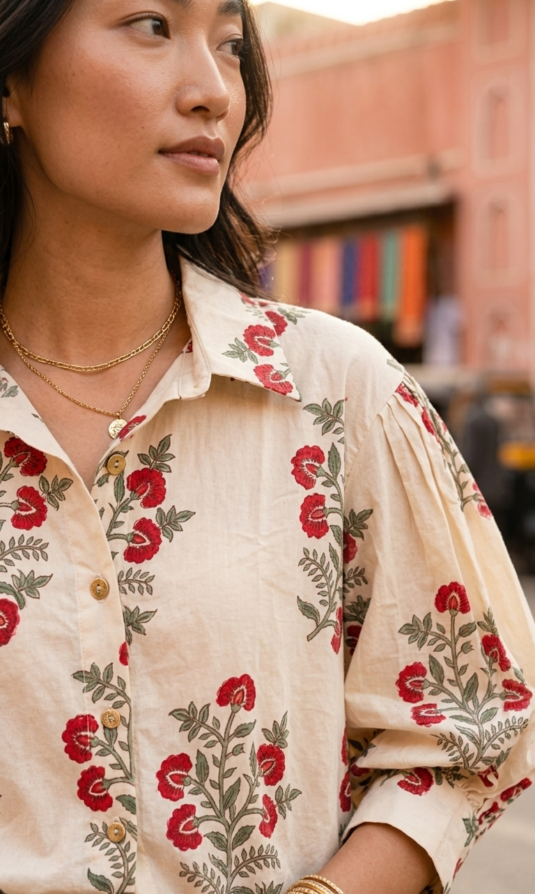 Woman wearing a floral blouse with a blurred street scene in the background