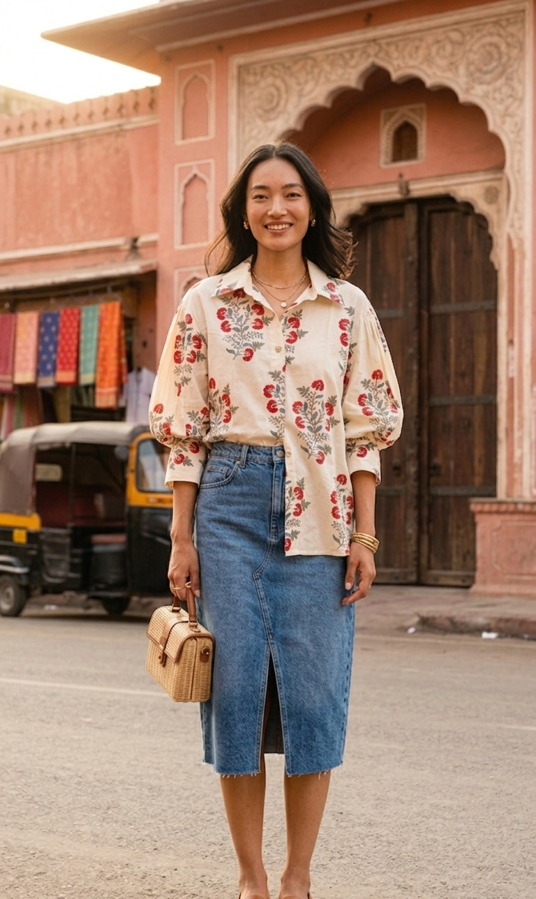 Woman in a floral blouse and denim skirt standing in front of an ornate building.