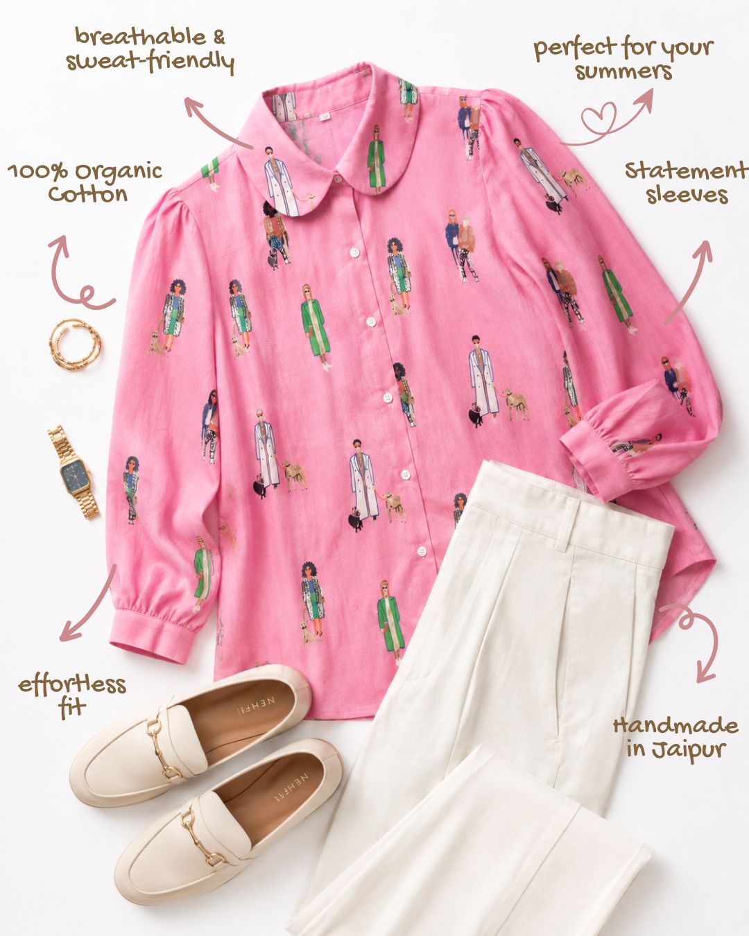 A styled flat-lay of a pink long-sleeve button-up shirt with an allover cartoon print, shown with white pants and cream loafers on a white background with decorative text callouts.