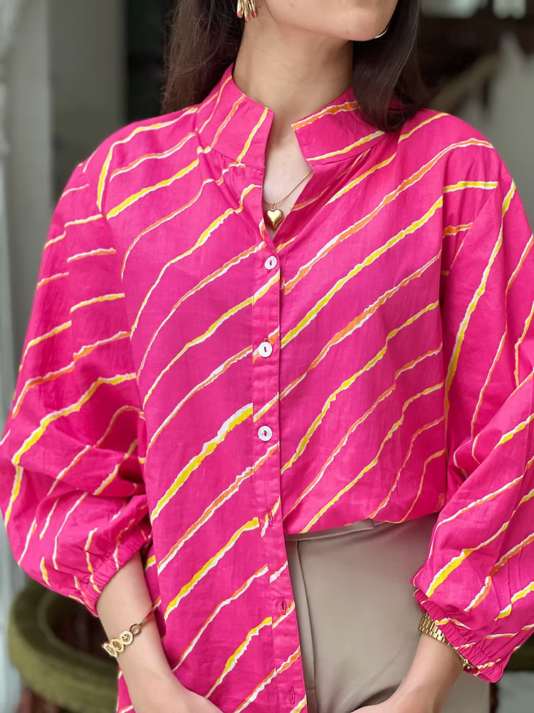Pink Leheriya Shirt- 100% Cotton Shirt I Nehfi - Nehfi Jaipur