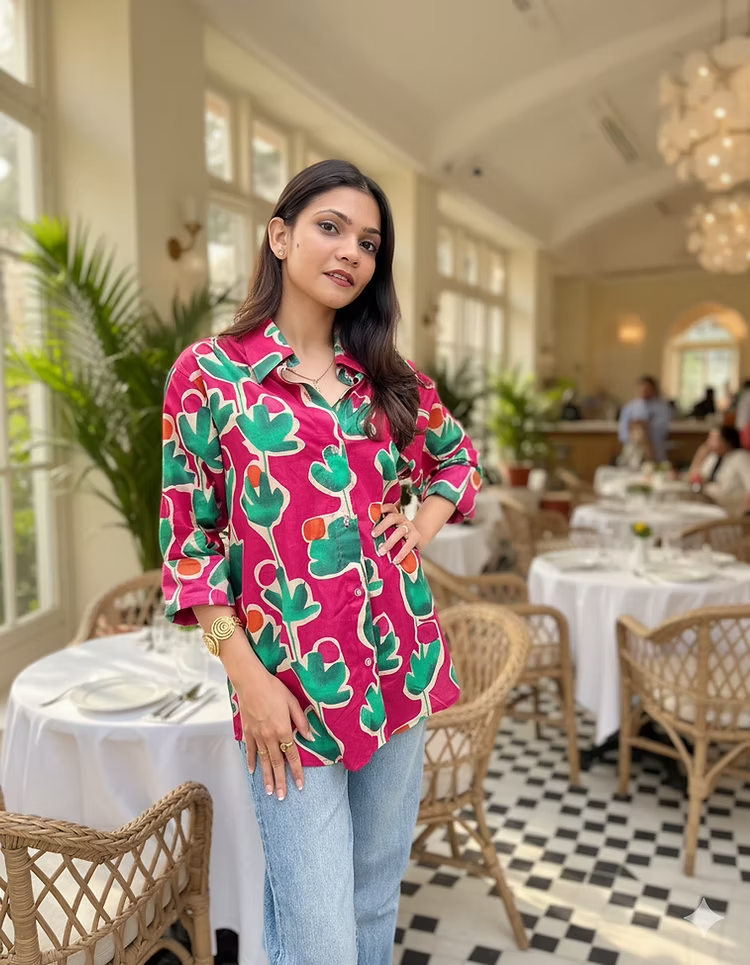 Woman in a colorful shirt standing in a restaurant with tables and chairs.