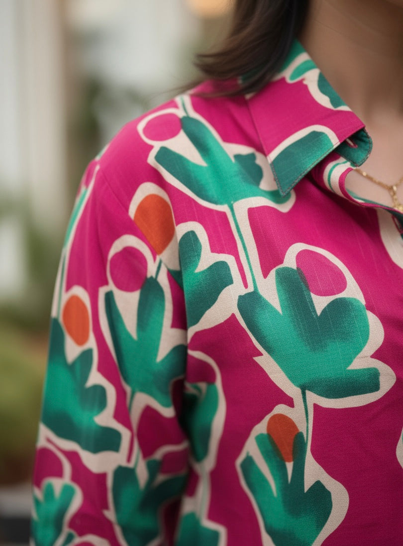 Close-up of a colorful floral pattern on a pink background