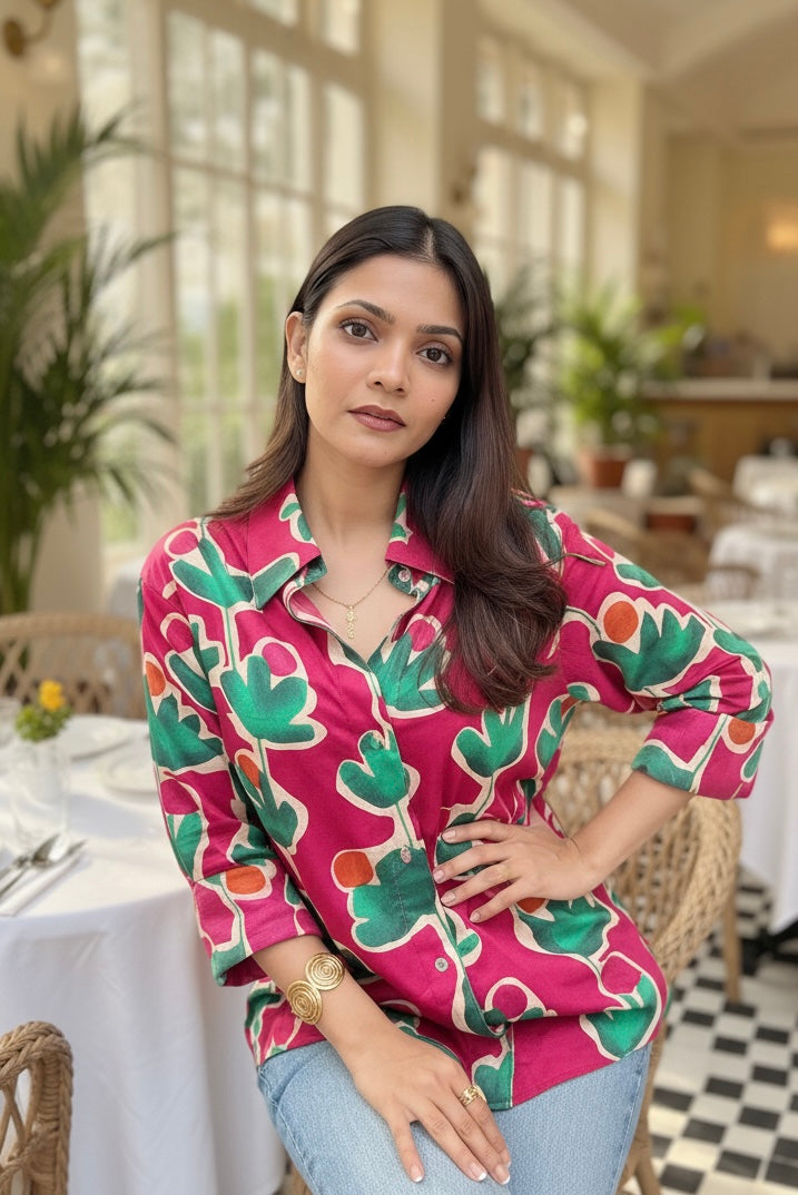 Woman wearing a colorful patterned shirt in an indoor setting with tables and chairs.