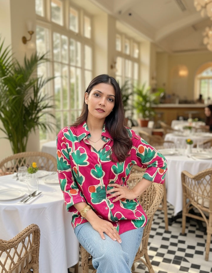 Woman in a colorful shirt sitting in a restaurant with tables and chairs.