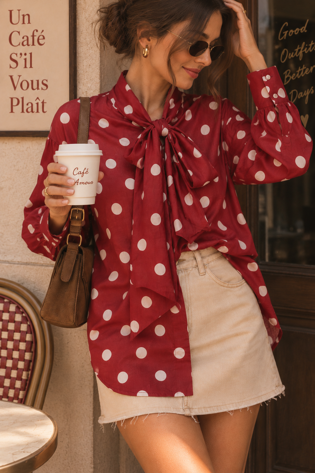 A woman wearing a red long-sleeve blouse with white polka dots and a large front bow, paired with a light beige mini skirt. She is holding a white coffee cup and wearing a brown shoulder bag, standing in front of a cafe wall.