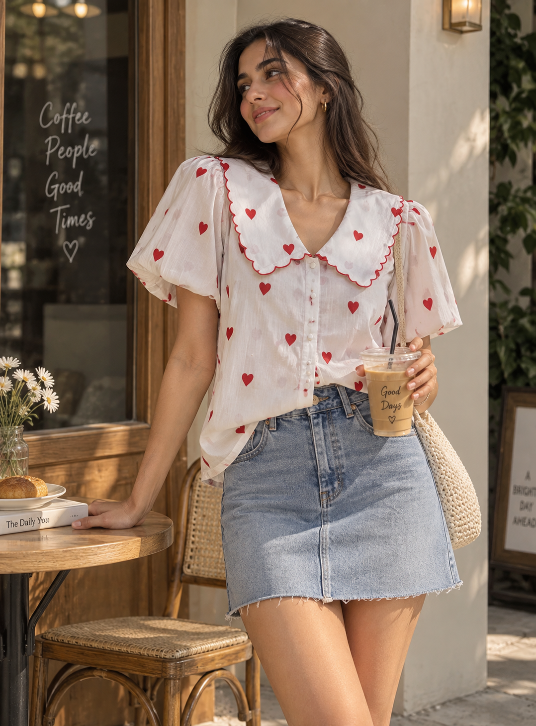 A woman stands outdoors near a cafe table wearing a white short-sleeve blouse with red heart prints and a scalloped Peter Pan collar, paired with a light blue denim mini skirt and holding an iced coffee.