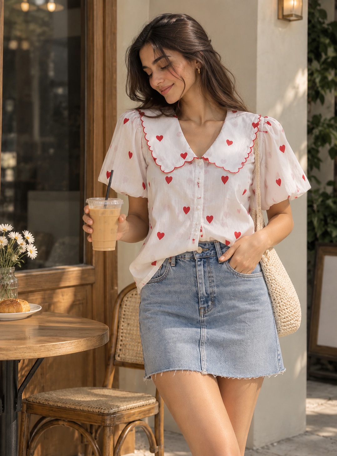 A woman stands outdoors near a cafe table, wearing a white short-sleeve blouse with red heart embroidery and a scalloped Peter Pan collar, paired with a light blue denim mini skirt. She holds an iced coffee and carries a woven shoulder bag.