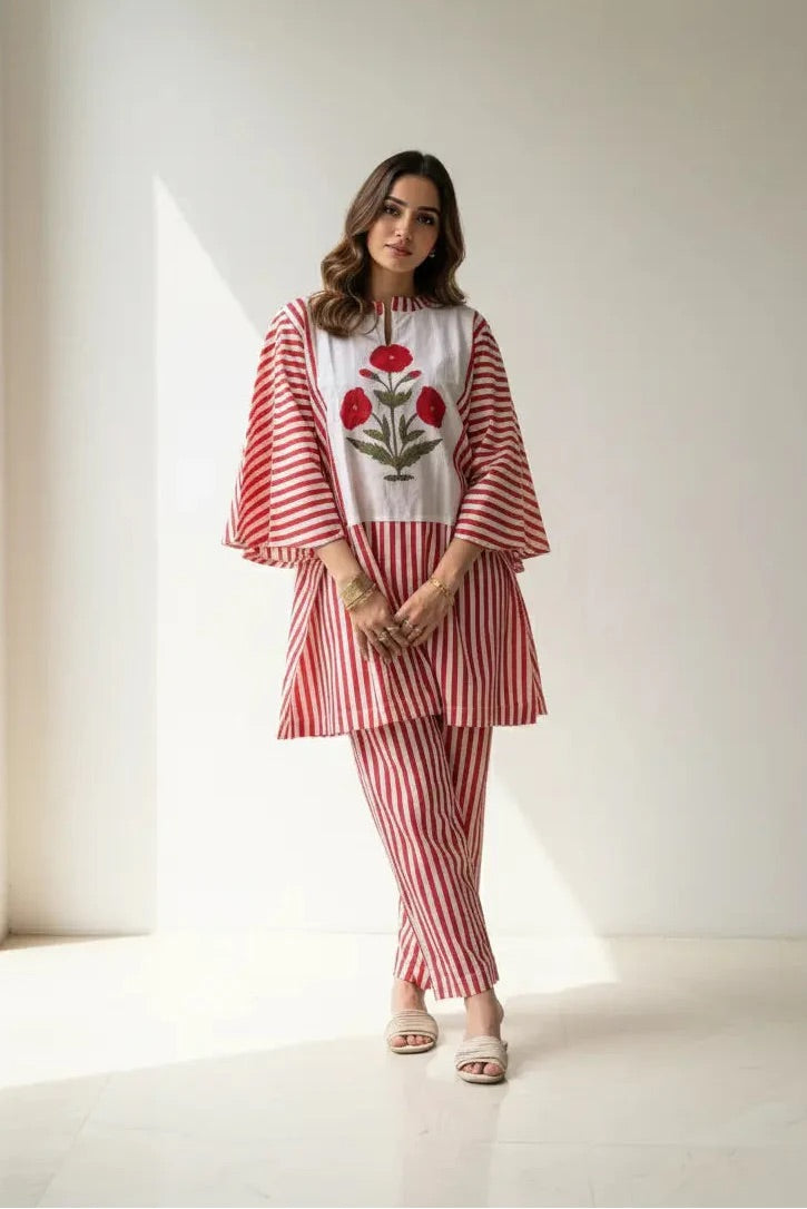 Red Motif Stripes Co-ord Set